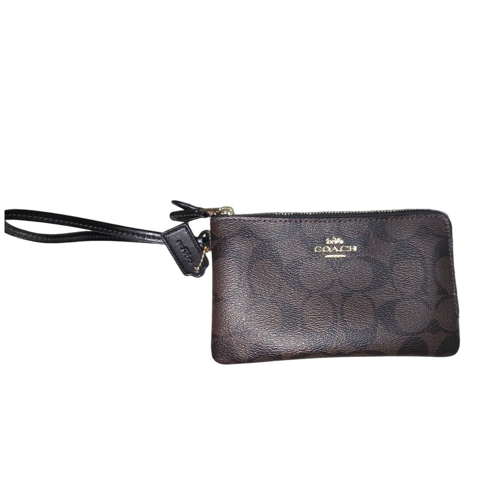 Coach Signature Double Zip Wristlet Brown Black Monogram Gold Hardware F58033